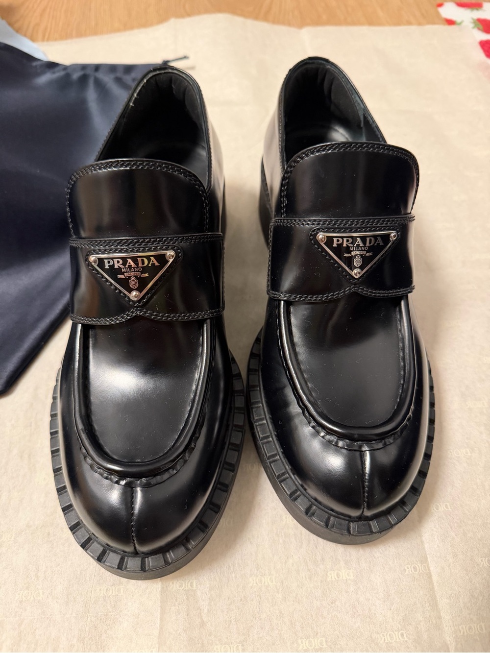 Prada Women’s Black Brushed Leather Chocolate Loafers